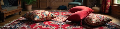 Intricate paisley pattern adorns plush velvet cushions scattered on a rich, Persian rug inside a warmly lit room  The scene evokes comfort and opulence , indoors, paisley