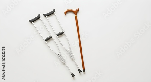 Adjustable Aluminum Crutches with Cushioned Pads and Wooden Walking Cane – Mobility Aid Set for Injury Recovery, Elderly Support, Rehabilitation, Daily Walking Assistance, and Medical Use