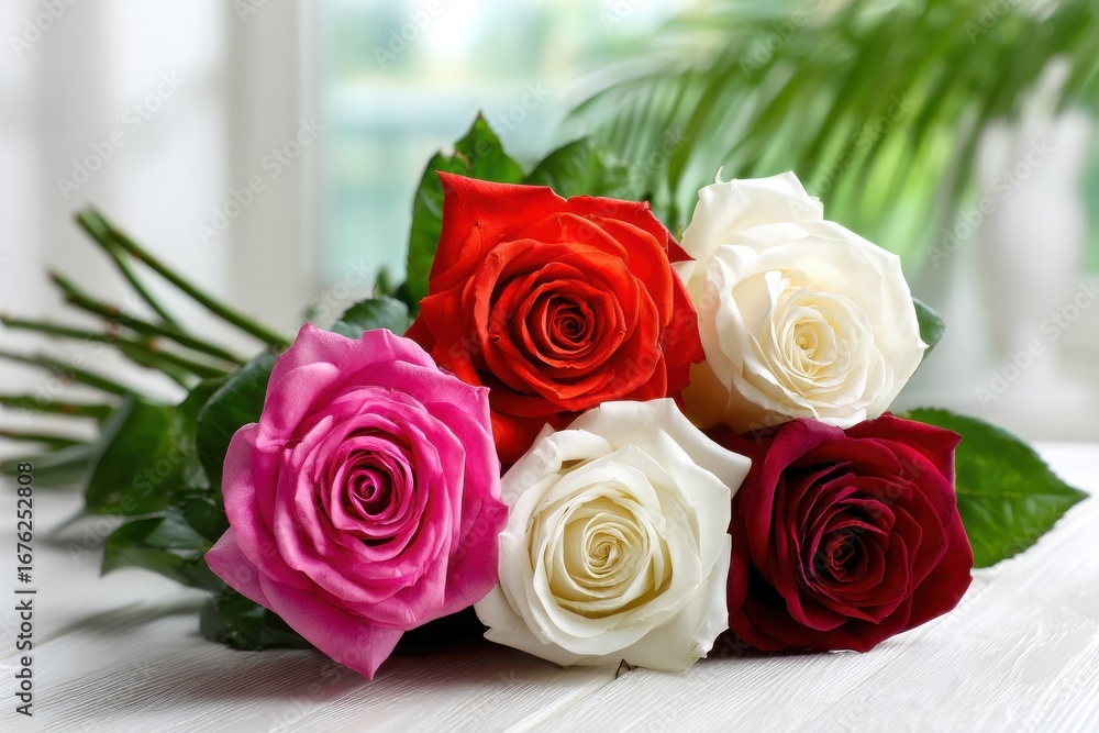 Naklejka premium Vibrant bouquet of assorted roses resting elegantly on a wooden surface in a sunlit room