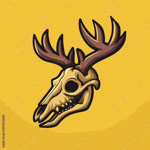 Deer skull with antlers on yellow