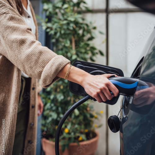  Person plugging an electric vehicle into a home garage charging point medium shot modern transport and energy scene