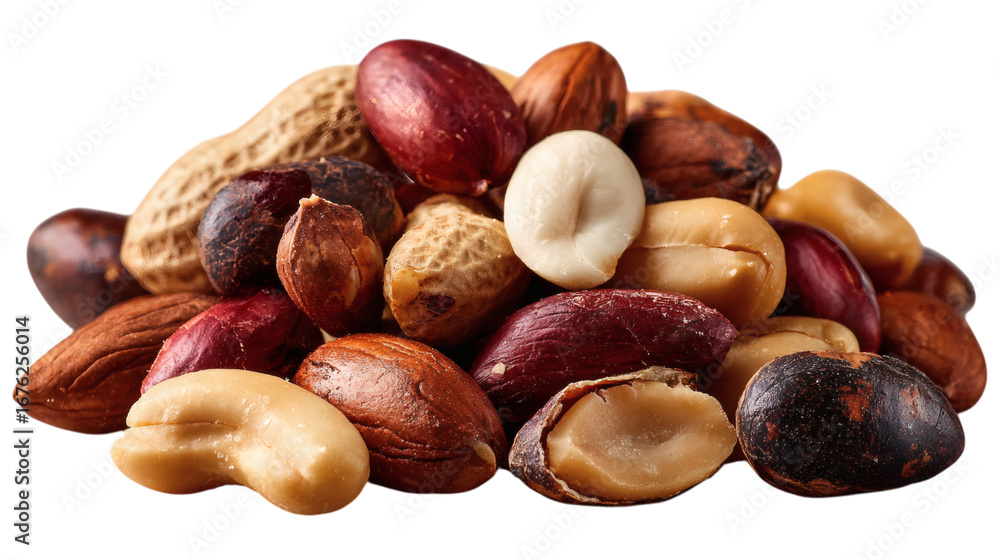 Obraz premium Assorted nuts pile including peanuts hazelnuts cashews and almonds isolated on white representing healthy snacks