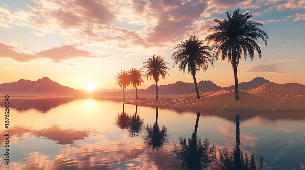 Fototapeta premium Stunning golden sunrise over desert oasis with calm water high resolution picture