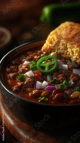 Hearty chili in a bowl with cornbread and fresh toppings  