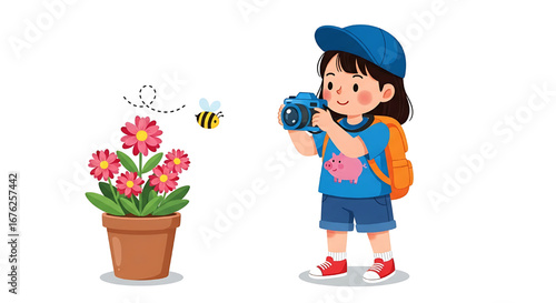 A little girl holding a camera and taking a picture of a bee on the flowers.