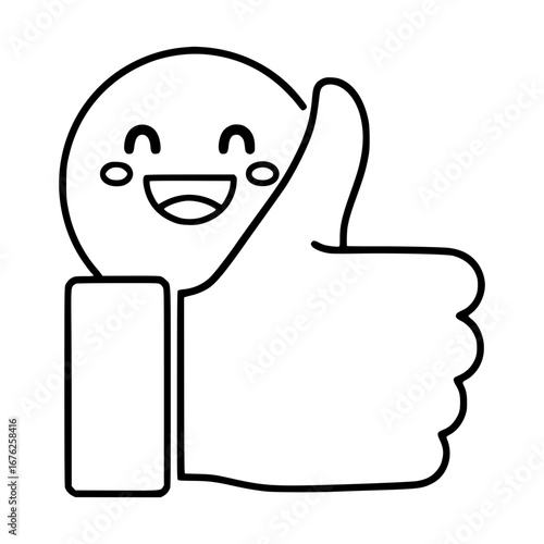 Outline vector icon of a thumbs up with a smiling face symbolizing positive feedback