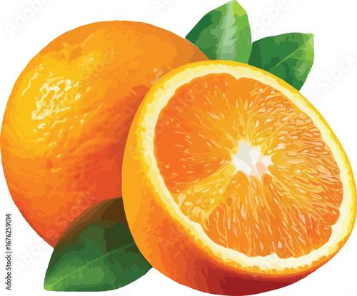 Juicy Orange Fruit Half and Whole with Green Leaves