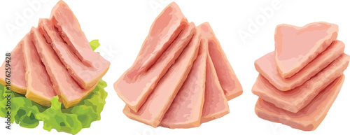 Pink Luncheon Meat Slices Stacked and on Lettuce vector