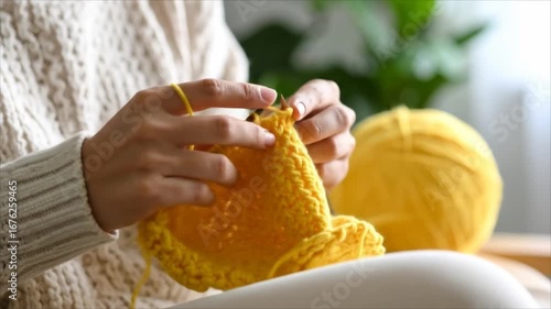 Person knitting yellow item closeup
