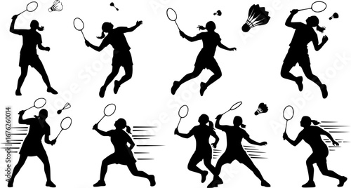  Female badminton players silhouettes, Badminton silhouettes, Badminton players svg, Badminton player clipart, Girl badminton silhouettes.