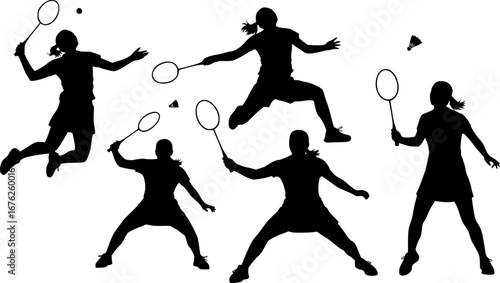  Female badminton players silhouettes, Badminton silhouettes, Badminton players svg, Badminton player clipart, Girl badminton silhouettes.