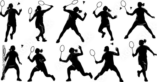 Female badminton players silhouettes, Badminton silhouettes, Badminton players svg, Badminton player clipart, Girl badminton silhouettes.