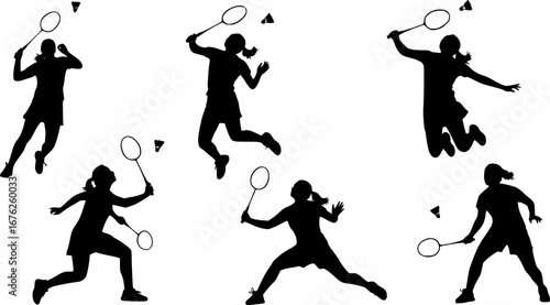  Female badminton players silhouettes, Badminton silhouettes, Badminton players svg, Badminton player clipart, Girl badminton silhouettes.