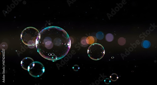 Wallpaper Mural Transparent Soap Bubbles Floating in Dark Space with Soft Bokeh Light Effects in Background – Iridescent, Delicate Spheres Creating a Magical, Dreamy, and Playful Visual Atmosphere Torontodigital.ca