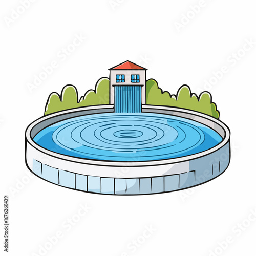 Cartoon drawing of a water treatment facility with clarifying pool