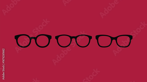 Four black eyeglasses silhouettes with rounded frames on a vibrant crimson background, modern design