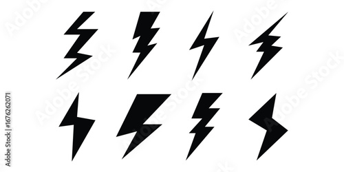  Lightning silhouette set. Black isolated lightning icon on white background. Different shapes vector isolated lightning set. Abstract thunder icon. EPS 10. 