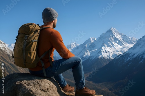 Hiker resting on rock overlooking snowy mountain range under clear blue sky, ultra realistic outdoor adventure scene with cinematic natural lighting