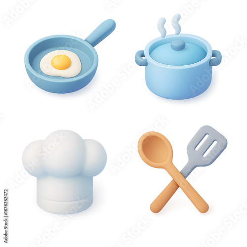 Isometric kitchen cooking icons transparent PNG 2x2 set frying pan egg pot chef hat spoon spatula isolated cut out for recipe app UI ecommerce branding