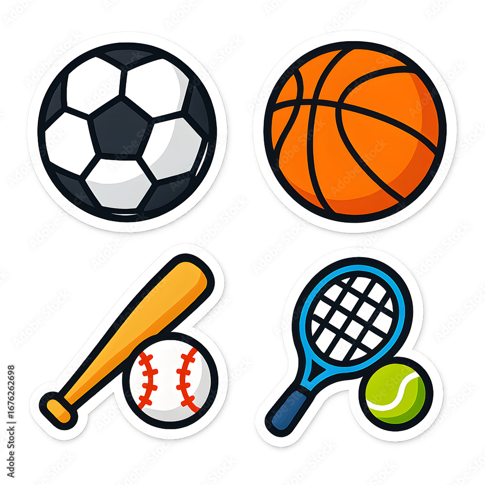 Obraz premium Sticker cartoon bold sports icons transparent PNG 2x2 set soccer ball basketball baseball bat tennis racket isolated cut out for sports ecommerce branding web design