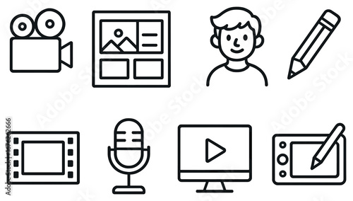 Digital media linear icon set. featuring camera, template, profile, pencil, film, microphone, monitor, tablet