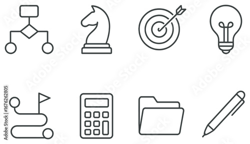 Business strategy linear icon set. featuring flowchart, chess, target, light bulb, timeline, calculator, folder, pen
