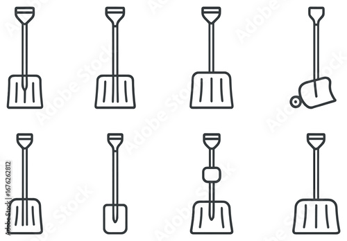 Gardening tools linear icon set. featuring shovel, trowel, spade, scoop, and dig symbols
