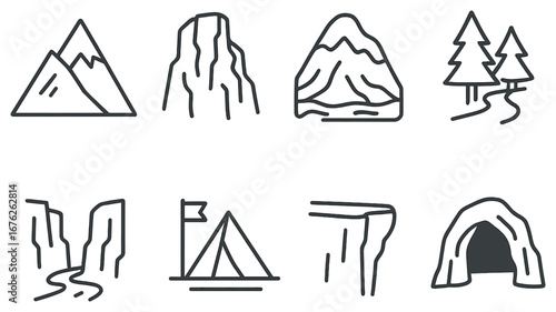 Nature linear icon set. featuring mountain, waterfall, peak, forest, canyon, tent, cliff, and cave symbols