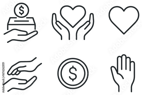 Charity and donation linear icon set. featuring coin, heart, hands, offering, and support symbols