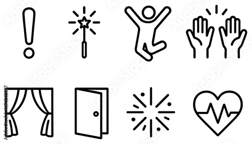 Celebration and joy linear icon set. featuring exclamation, magic wand, dance, open door, and heart symbols