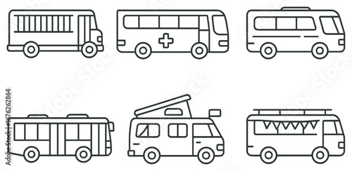 Vehicles linear icon set. featuring school bus, ambulance, camper van, minibus, rv, and party bus
