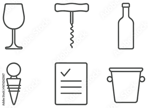Wine accessories linear icon set. featuring glass, corkscrew, bottle, stopper, checklist, and ice bucket symbols