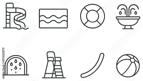 Water park attractions linear icon set. featuring slide, pool, lifebuoy, fountain, and beach ball
