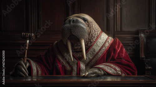 ai walrus dressed in a judge's robe presiding over a courtroom setting with historical wood paneling and a gavel in hand