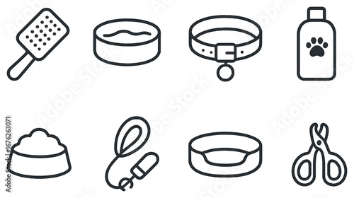 Pet care linear icon set. featuring brush, bowl, collar, shampoo, food, leash, medicine, and scissors