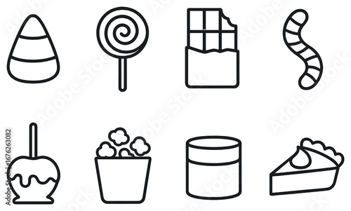 Halloween treats linear icon set. featuring candy corn, lollipop, chocolate, gummy worm, candied apple, popcorn, jar, pie