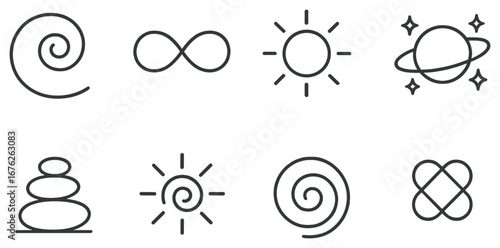 Spiritual symbols flat icon set. featuring spiral, infinity, sun, planet, stones, and abstract symbols