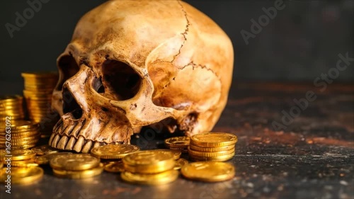 Skull gold coins still life image