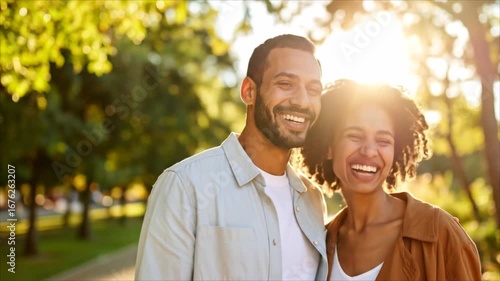 Smiling couple outdoors sunny day