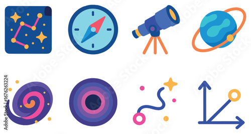 Space exploration 3d icons set. featuring constellation, compass, telescope, planet, galaxy, target, shooting star, and axis