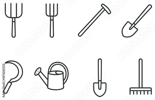 Gardening tools linear icon set. featuring pitchfork, hoe, shovel, sickle, watering can, and rake symbols