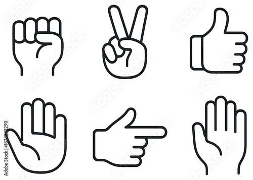 Hand gestures linear icon set. featuring fist, peace, thumbs up, open hand, pointing, waving symbols