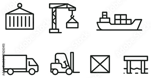 Logistics and shipping linear icon set. featuring container, crane, ship, truck, forklift, and warehouse symbols