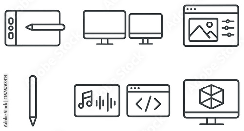 Digital art linear icon set. featuring tablet, monitors, graphic editor, music, coding, 3d modeling
