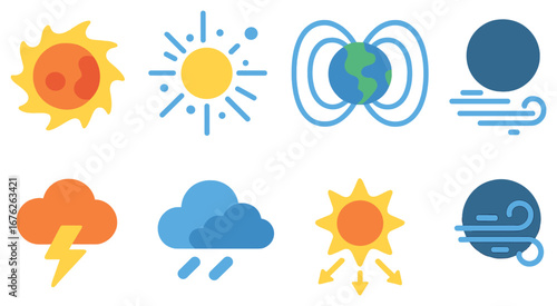 Weather phenomena 3d icon set. featuring sun, thunderstorm, clouds, wind, magnetism, and rain symbols