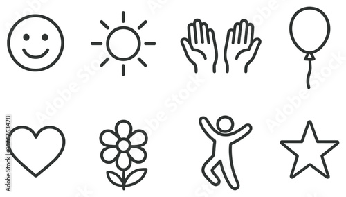 Simple linear icon set. featuring smiley, sun, hands, balloon, heart, flower, person, star.