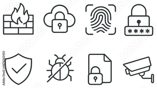 Cybersecurity linear icon set. featuring firewall, cloud security, fingerprint, password, shield, antivirus, file lock, surveillance