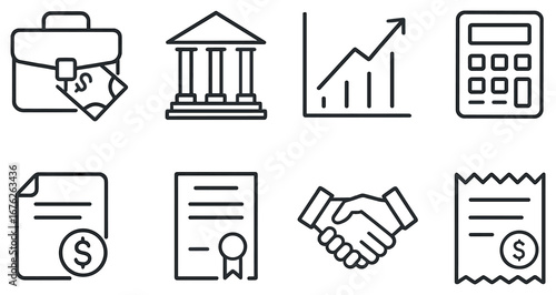 Finance linear icon set. featuring briefcase, bank, chart, calculator, document, contract, handshake, receipt