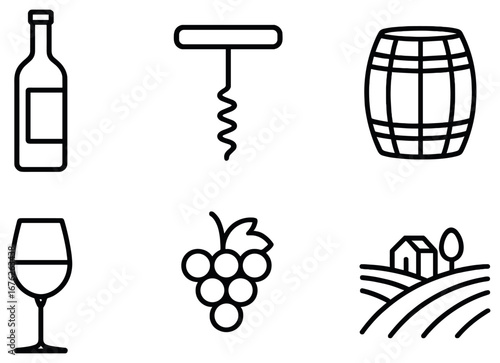 Wine culture linear icon set. featuring bottle, corkscrew, barrel, glass, grapes, vineyard