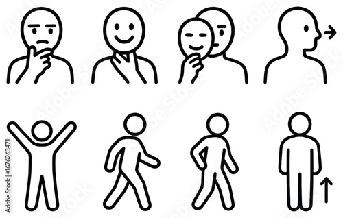 Expression and gesture linear icon set. featuring thoughtful, mask, secret, whisper, cheer, walk, stance, observe icons